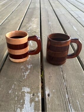 Set of Two Wondrous Works in Wood Striped Wooden Coffee Mugs Made in Texas